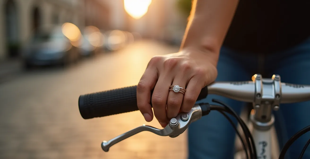 Frauenhand mit elegantem Ring beim Fahrradfahren in der Stadt