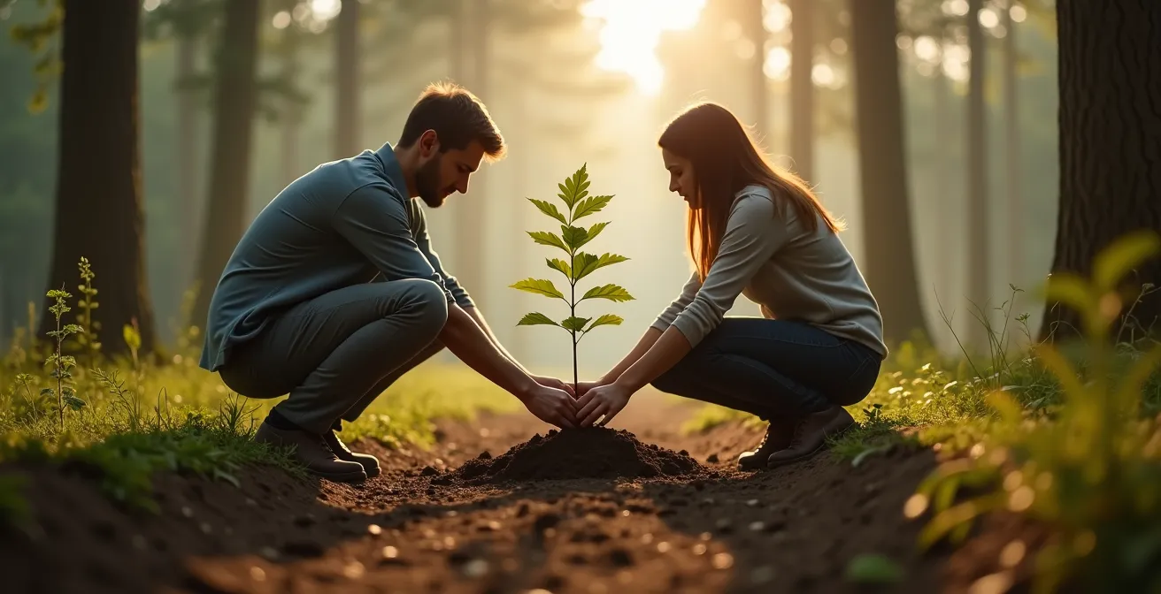 Paar pflanzt gemeinsam einen Baum als alternatives Verlobungsritual