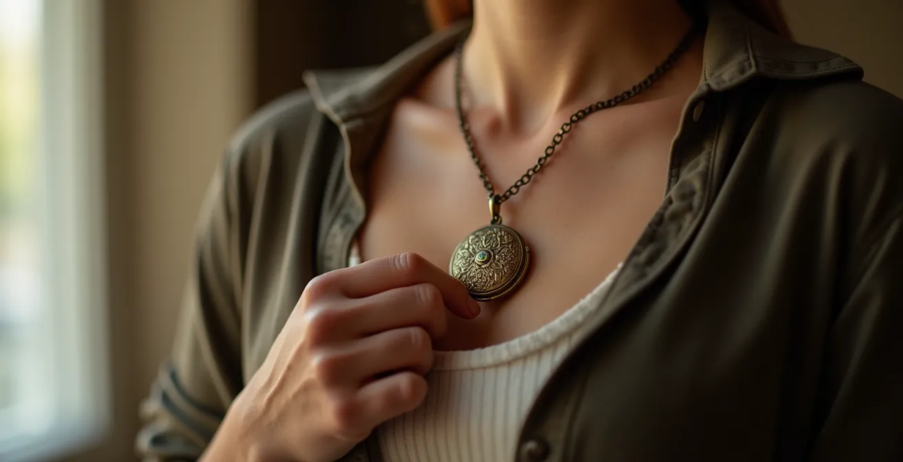 Frauenhand hält graviertes goldenes Medaillon an Herzkette