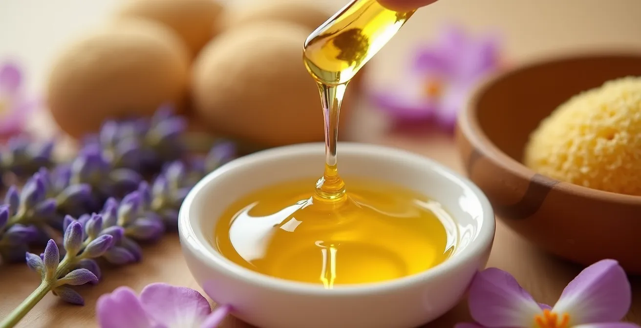 Makroaufnahme ätherischer Öle und natürlicher Pflegeprodukte mit Texturen, die ein sinnliches Erlebnis andeuten