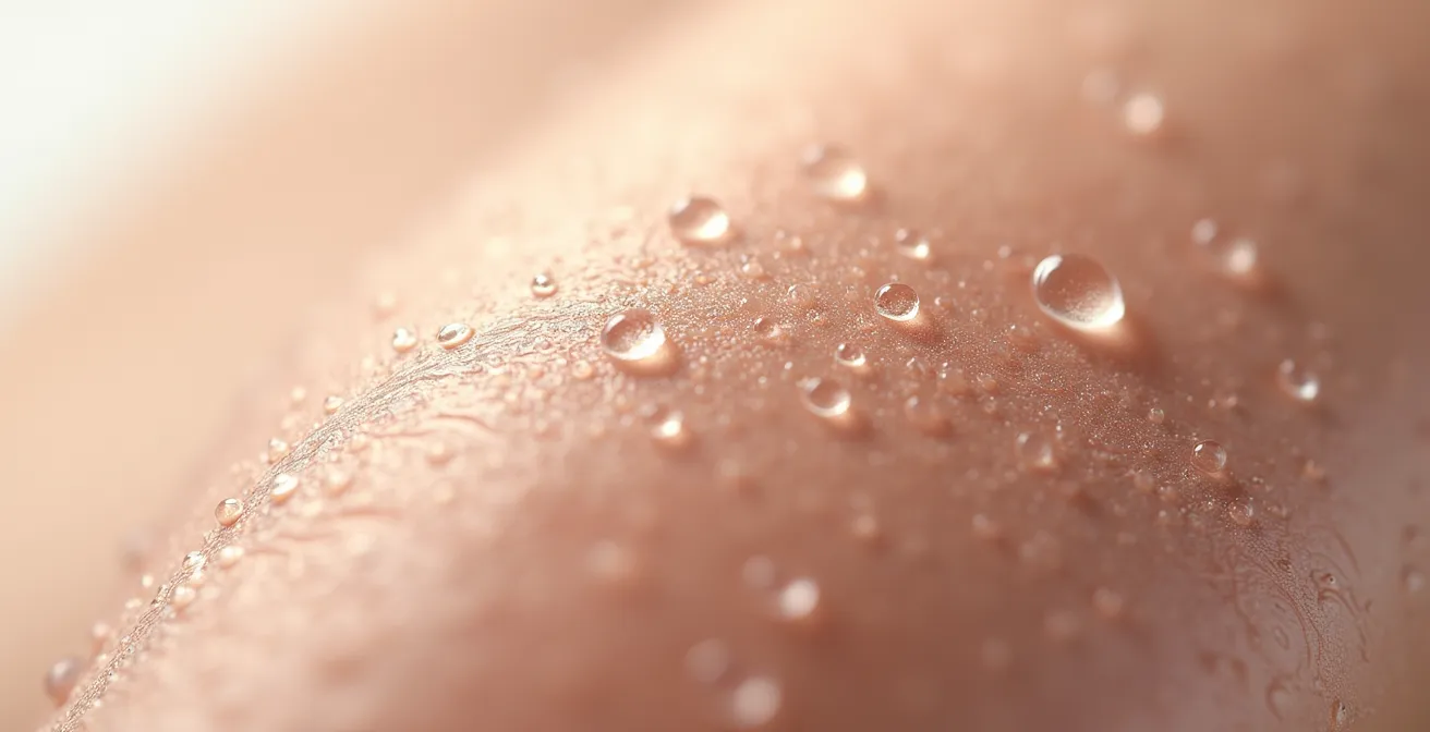 Makroaufnahme von Wassertropfen auf mattierter Haut mit sichtbaren Poren, die die Balance zwischen Feuchtigkeit und Mattierung darstellt.