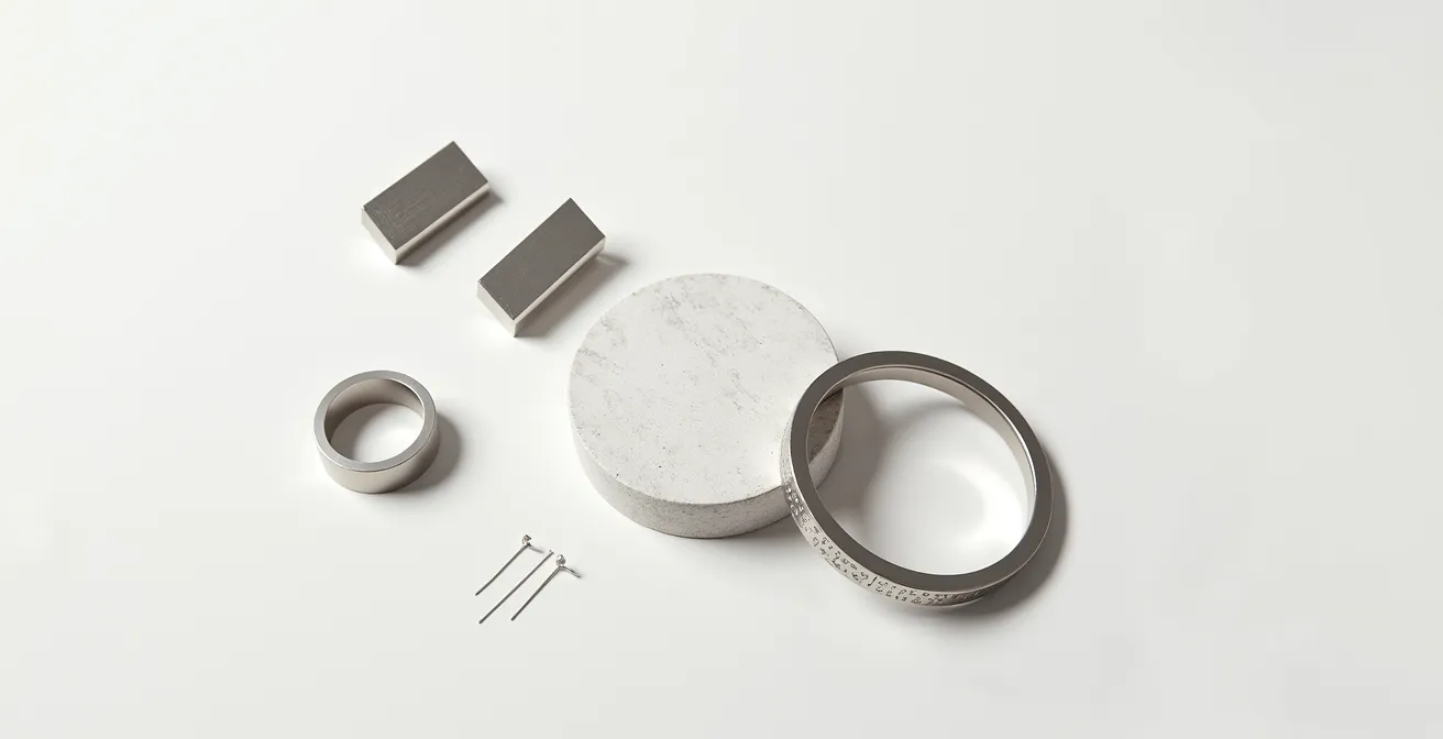 Minimalistischer geometrischer Schmuck nach Bauhaus-Prinzipien auf hellem Hintergrund arrangiert.