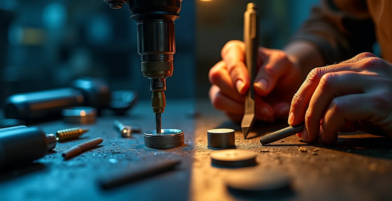 Moderne CNC-Maschine und traditionelle Handwerkzeuge nebeneinander in deutscher Uhrenmanufaktur zeigen Symbiose der Fertigungsmethoden