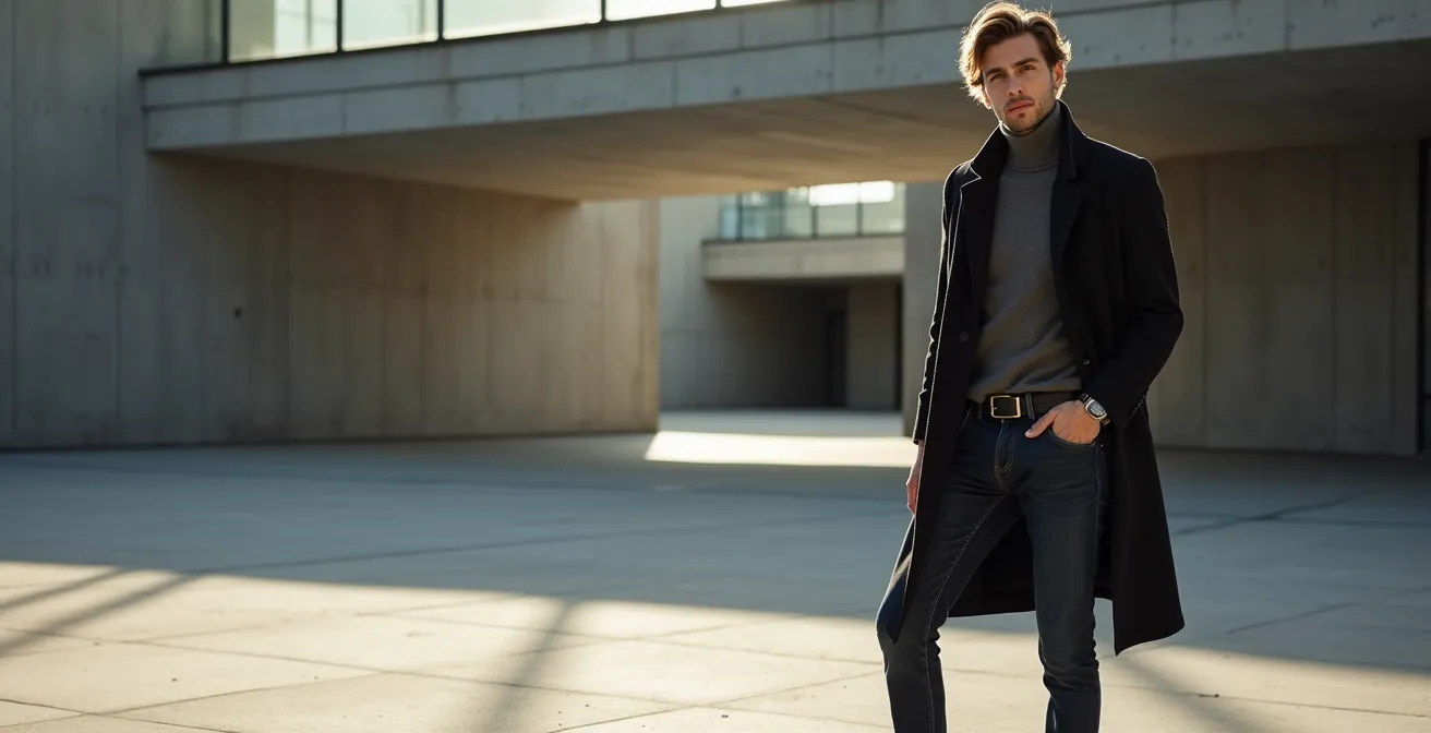 Elegantes Jeans-Outfit im minimalistischen deutschen Stil vor urbanem Hintergrund