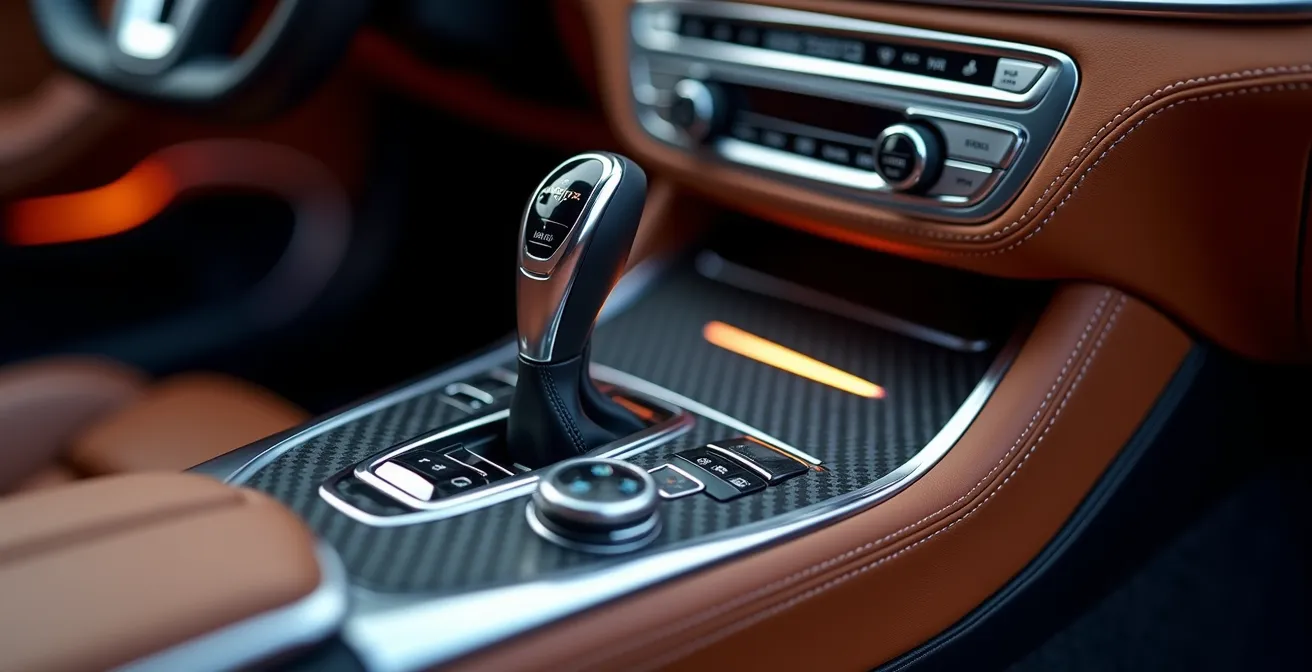 Nahaufnahme eines deutschen Luxusauto-Interieurs mit handgenähten Ledersitzen und hochwertigen Materialien.