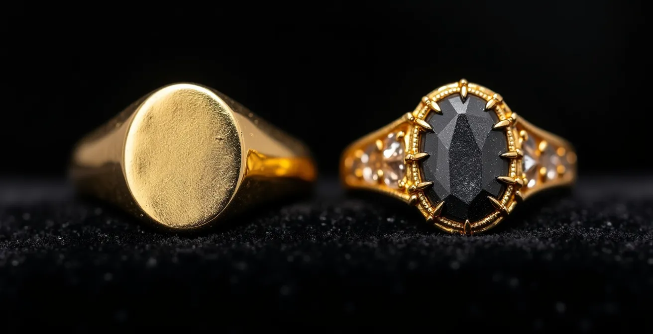 Gegenüberstellung eines zeitlosen, massiven Goldrings mit Patina und eines trendigen Modeschmucks mit abgenutzter Vergoldung.