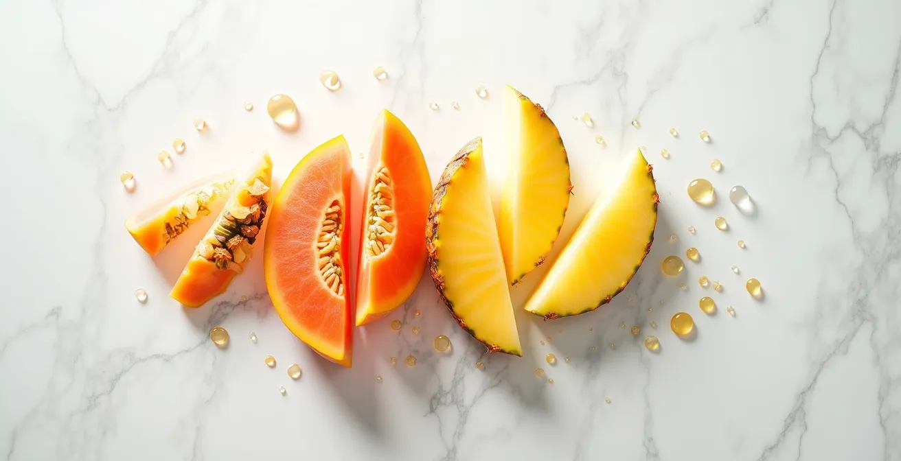 Symbolische Darstellung der Enzymwirkung auf Hautoberfläche mit natürlichen Fruchtextrakten