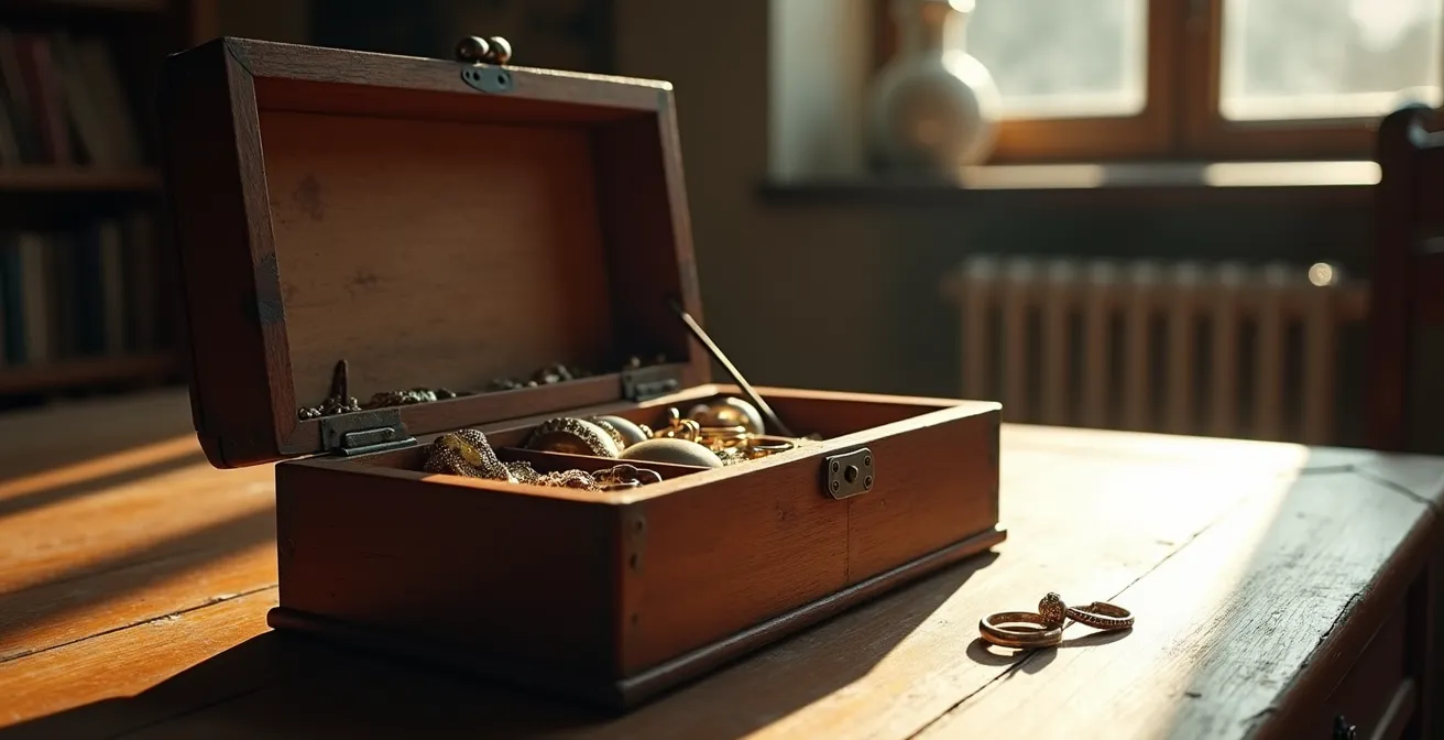 Antiker Familienschmuck auf historischem Holztisch arrangiert