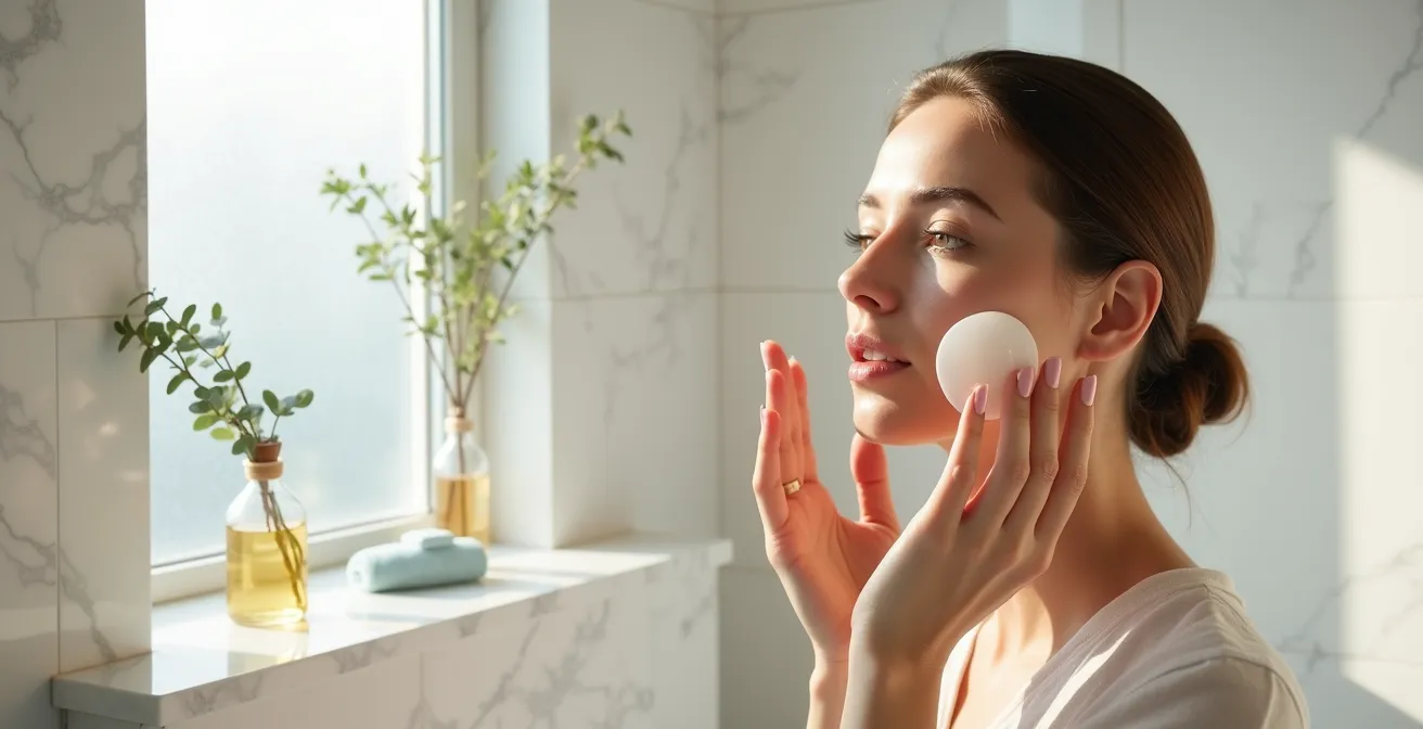 Frauenhände führen Gua Sha Massage mit Rosenquarz-Stein am Gesicht durch