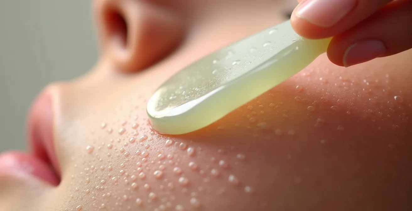 Nahaufnahme einer Gesichtsmassage mit Gua Sha Stein auf rosiger Haut