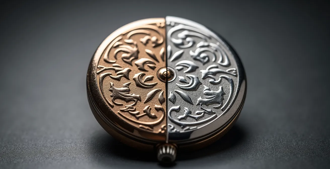 Vergleich zwischen handgraviertem und maschinengraviertem Unruhkloben im Detail