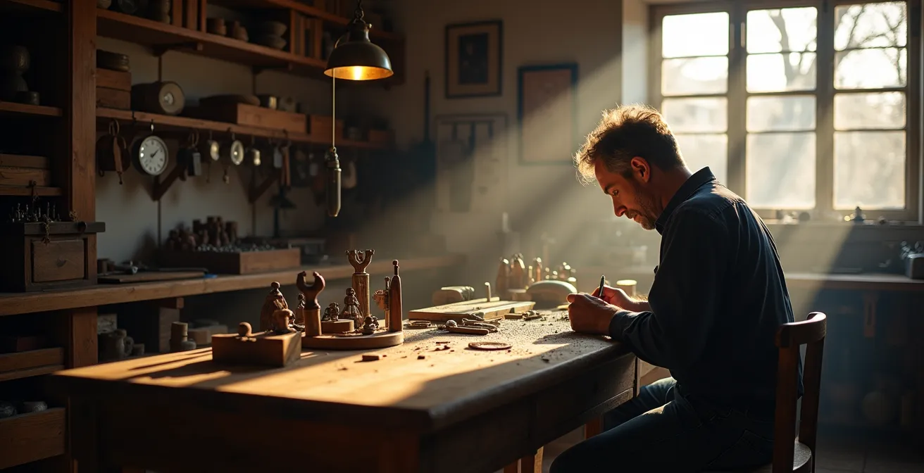 Goldschmied poliert von Hand ein Schmuckstück an traditioneller Werkbank