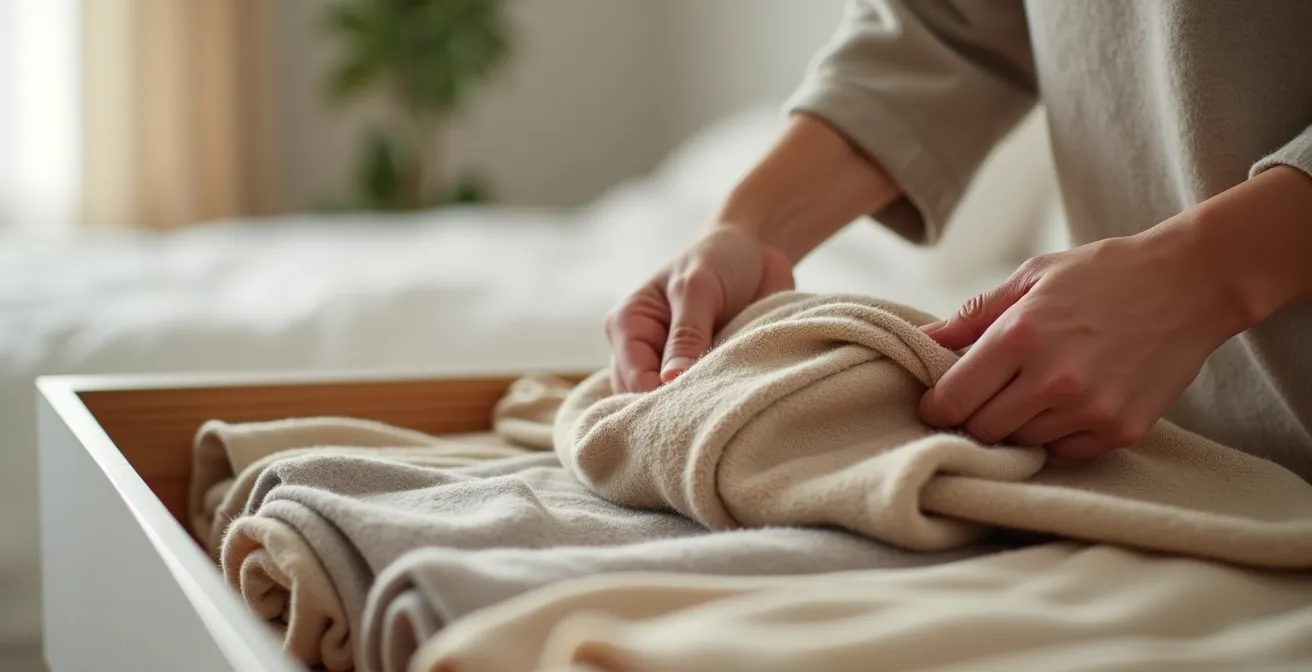 Aufgeräumter Kleiderschrank mit systematisch gefalteter Kleidung