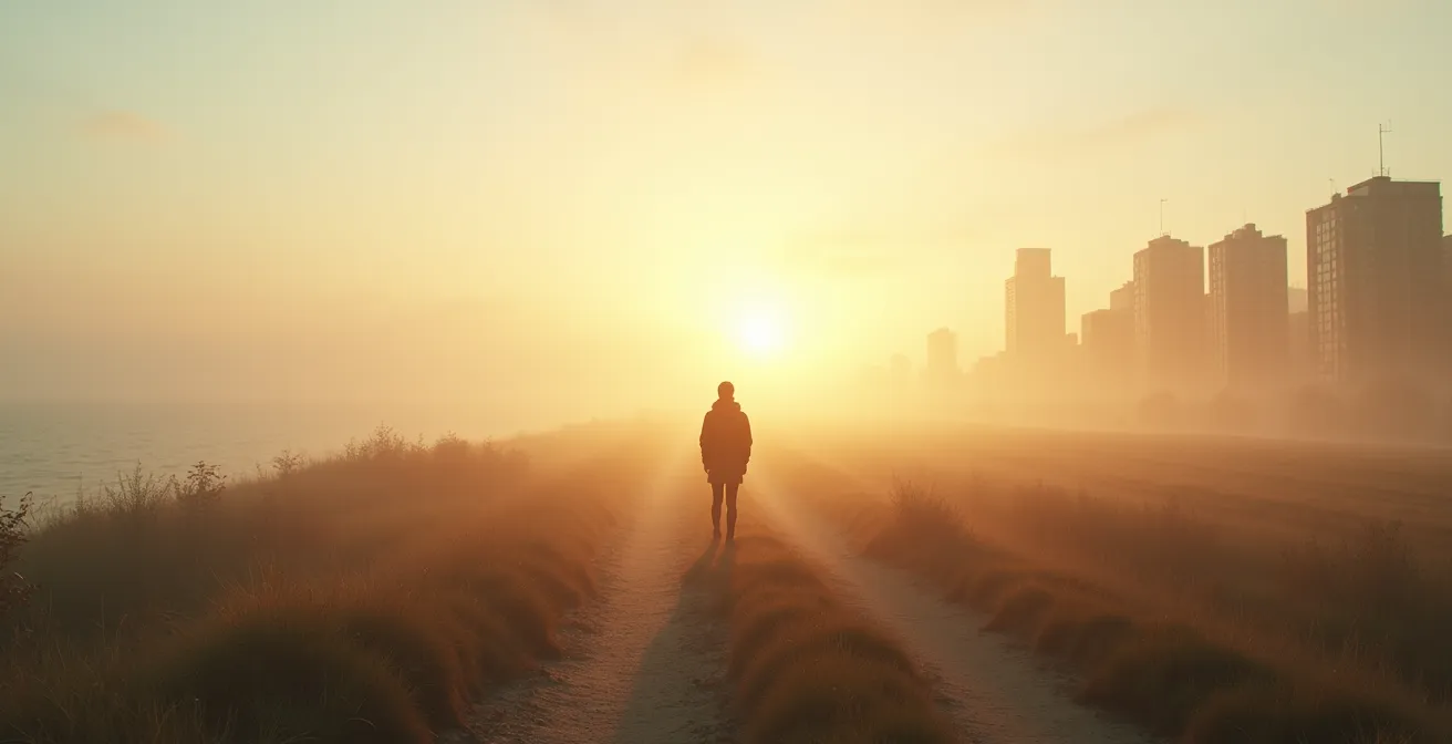 Weitwinkelaufnahme verschiedener deutscher Klimazonen mit Person in natürlicher Umgebung