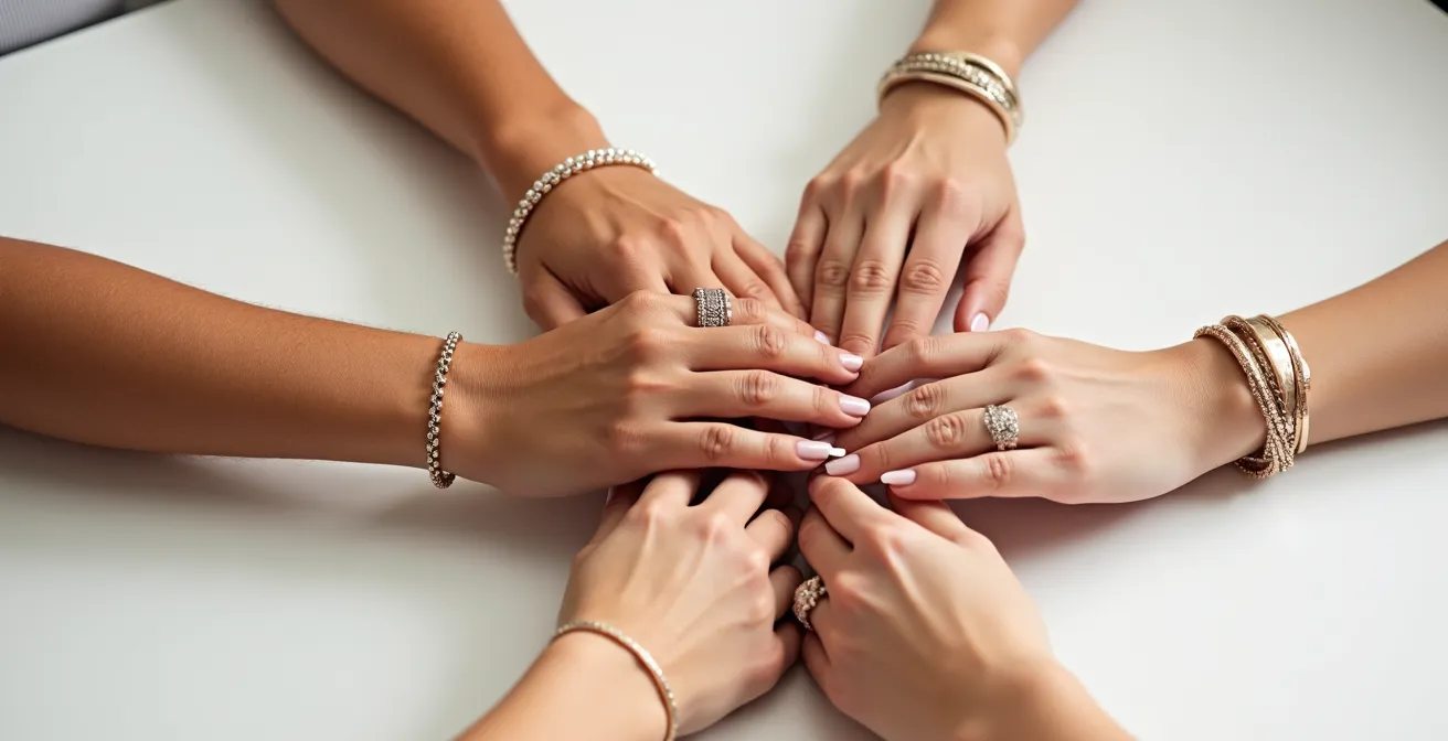 Verschiedene Edelmetalle auf unterschiedlichen Hauttönen im Vergleich, die die Harmonie zwischen Gold-, Silber- und Roségoldtönen zeigen.