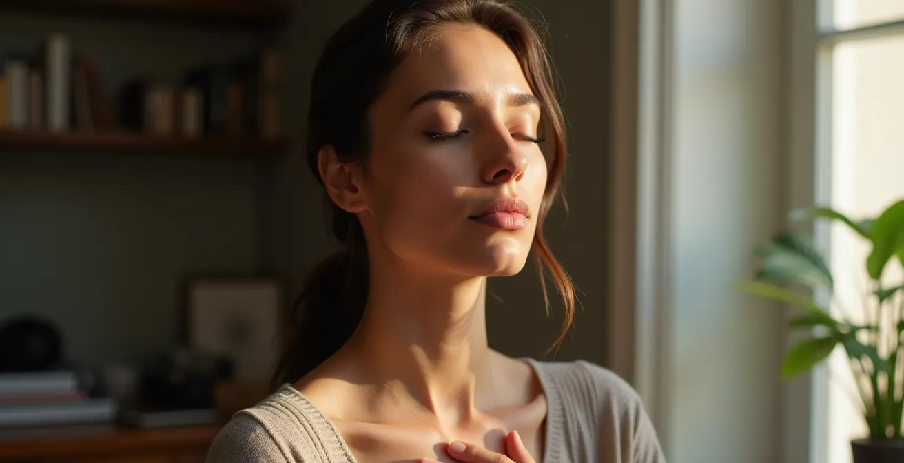 Eine Person in ruhiger Haltung mit geschlossenen Augen, die ein einfaches Atemritual praktiziert, als Symbol für den minimalen Aufwand.
