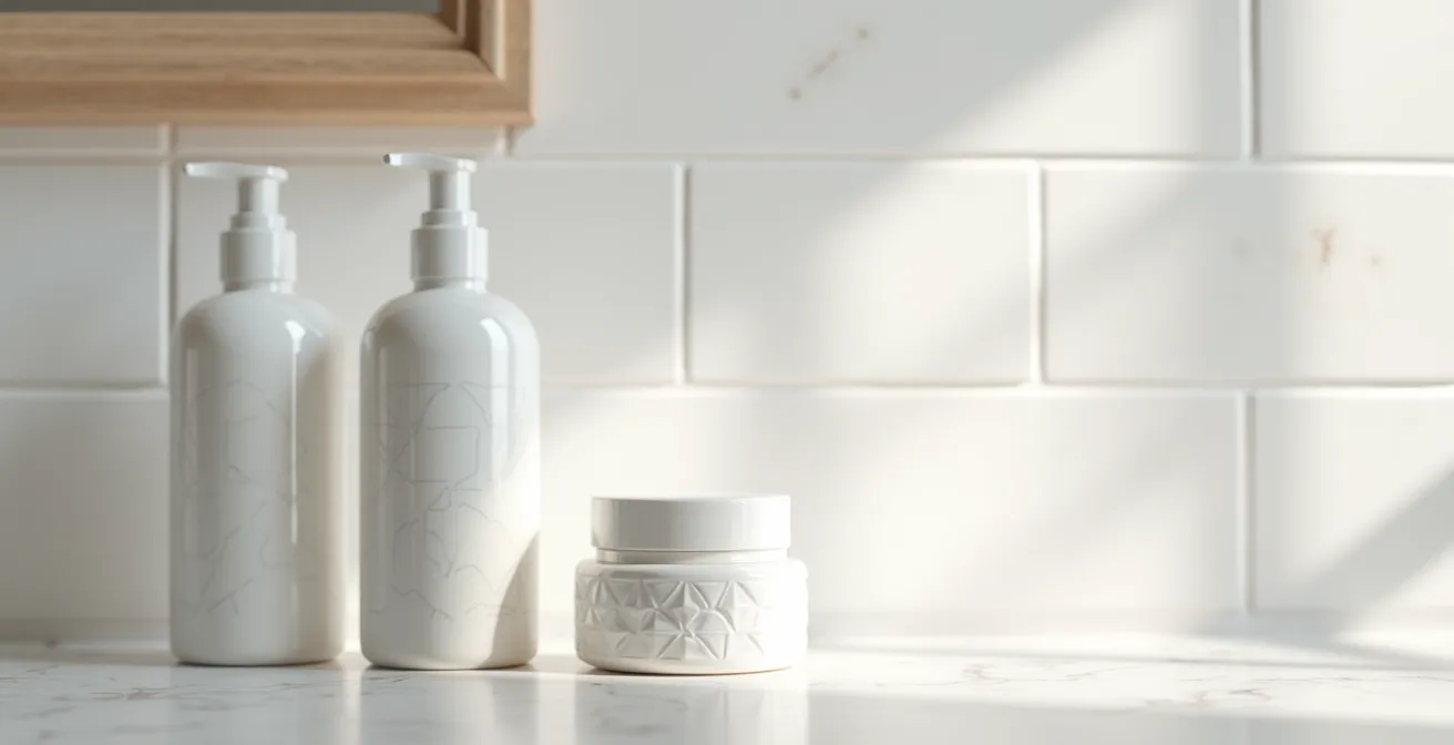 Ruhige Badezimmerszene mit drei essentiellen Hautpflegeprodukten