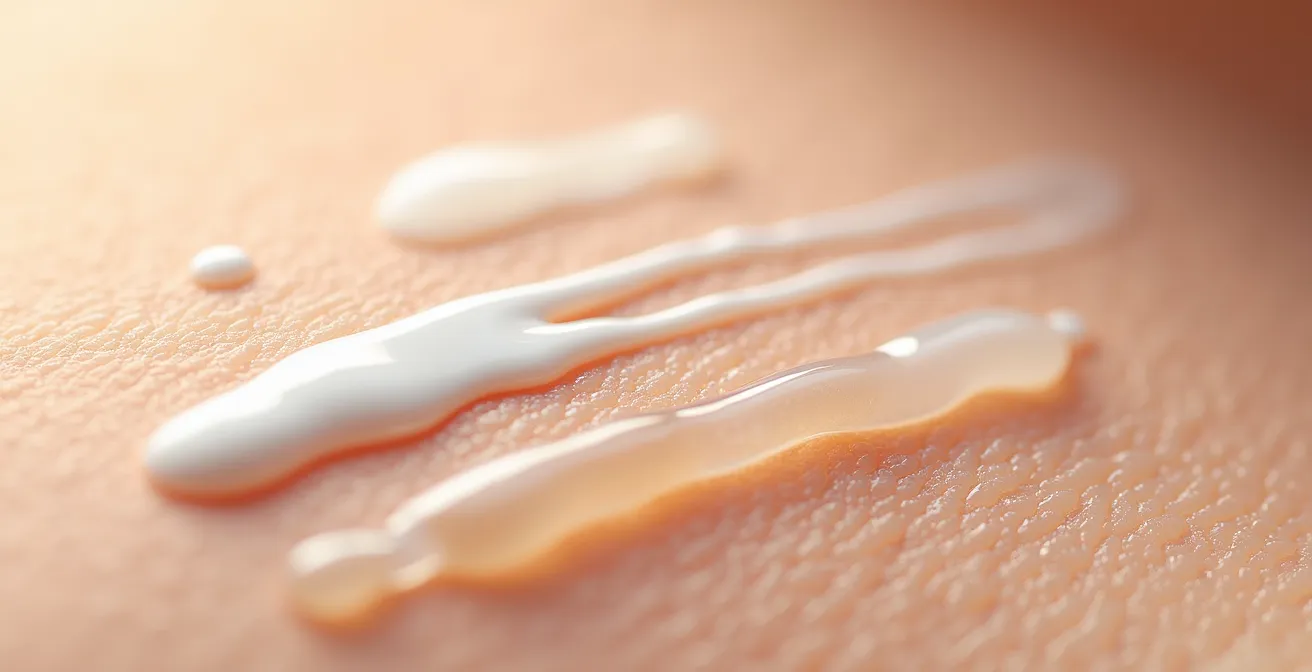 Makroaufnahme von drei verschiedenen Serum-Texturen auf Haut, die Niacinamid, Zink und Salicylsäure repräsentieren