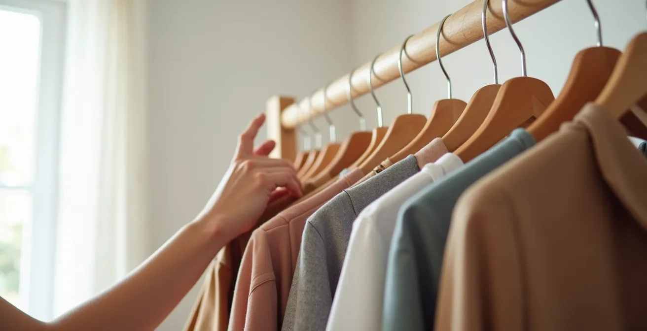 Kleiderschrank mit nach Wochentagen organisierten Outfit-Kombinationen