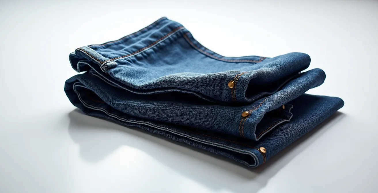 Hochwertige Jeansdetails mit Fokus auf Kappnaht und japanischem Denim