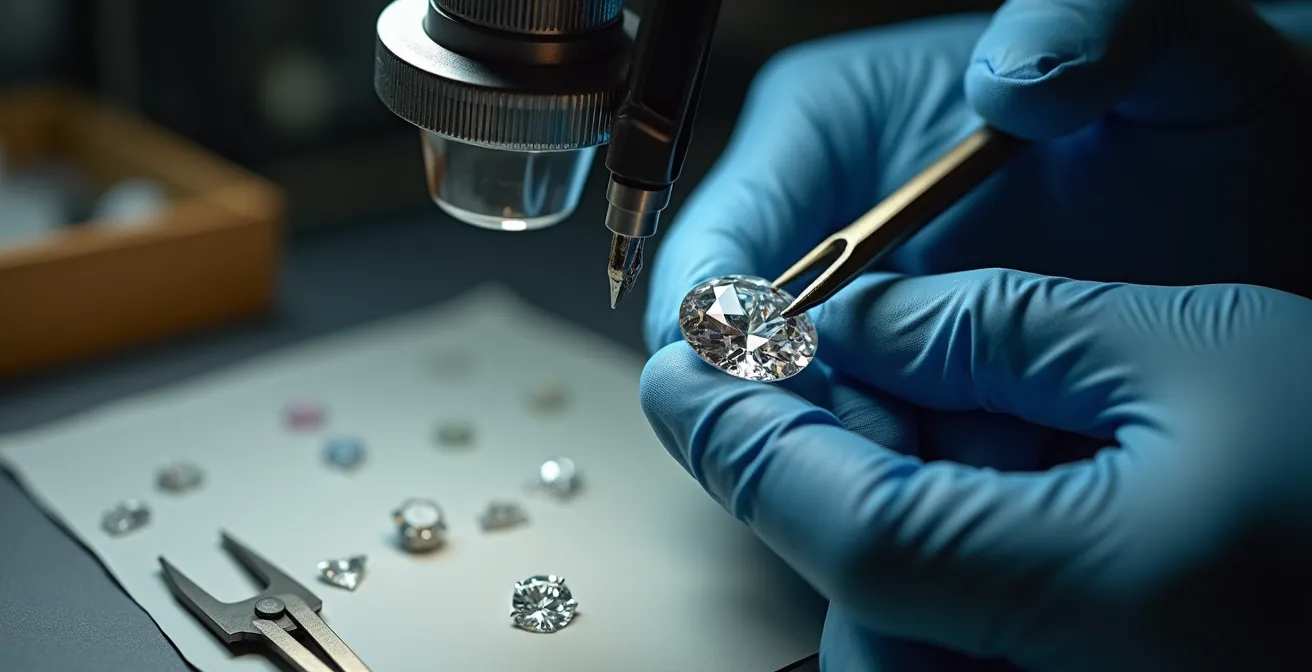 Professionelle Diamantprüfung mit Lupe und Werkzeugen beim Juwelier