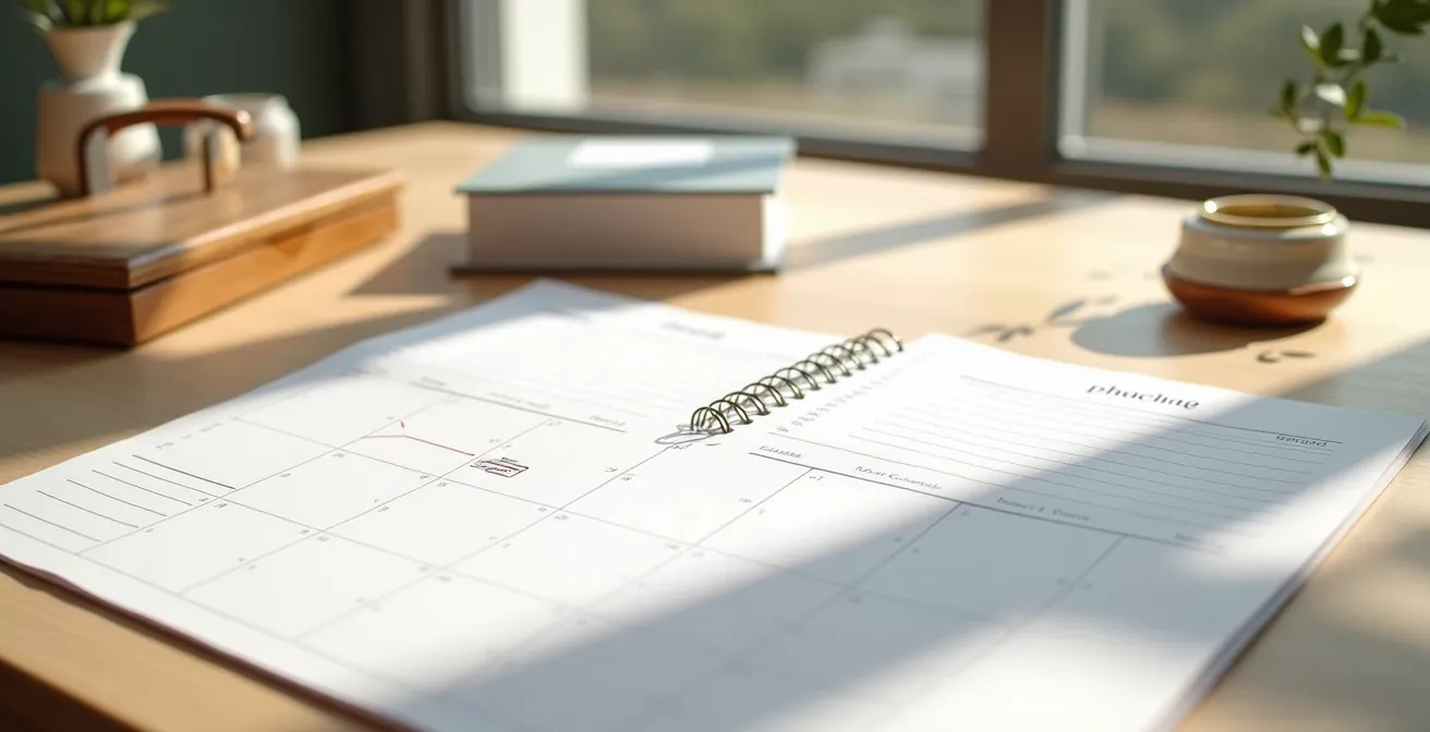 Ein minimalistisch gestalteter Arbeitsplatz mit Kalender und einer Ringschachtel, der den Planungsprozess für den Verlobungsringkauf symbolisiert.