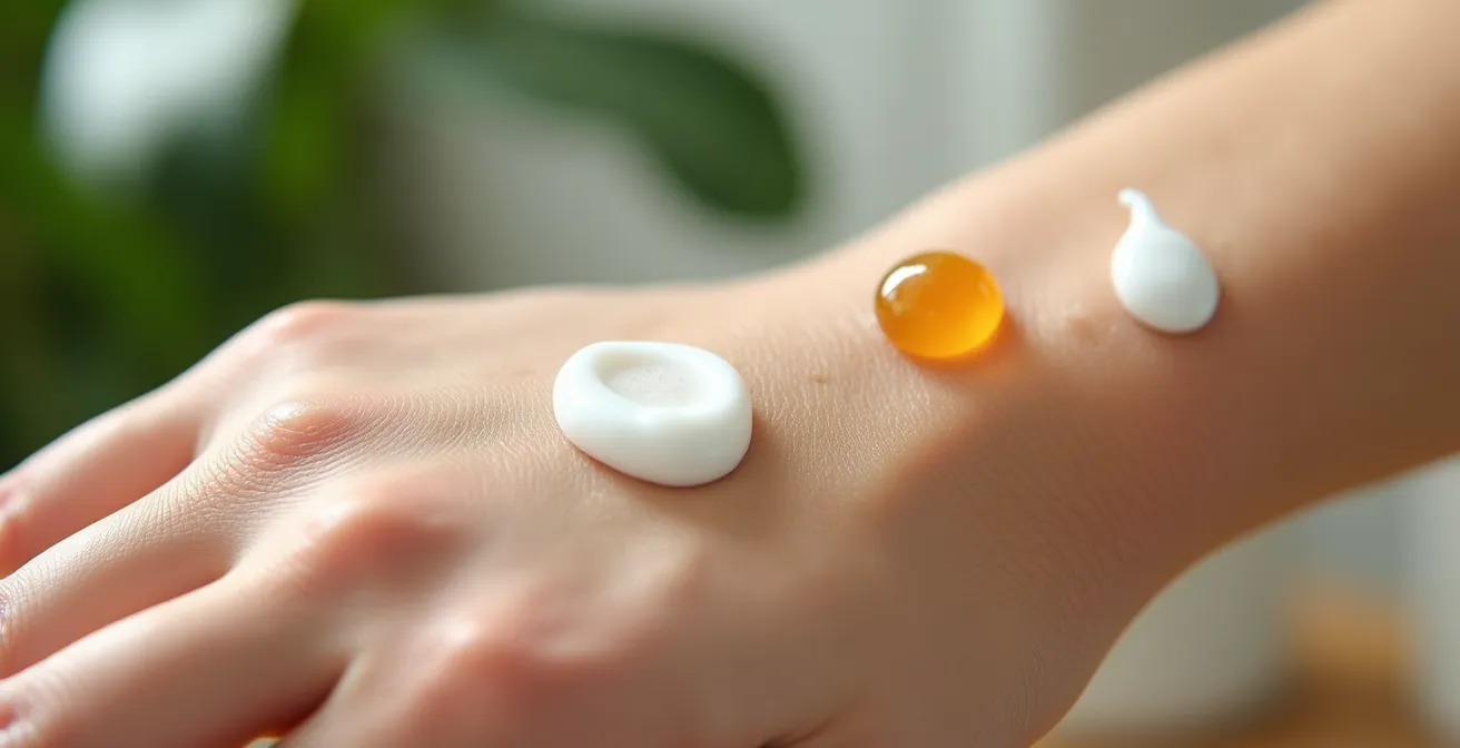 Nahaufnahme verschiedener Hautpflegetexturen auf Handrücken, die unterschiedliche Konsistenzen wie Serum, Creme und Öl zeigen.
