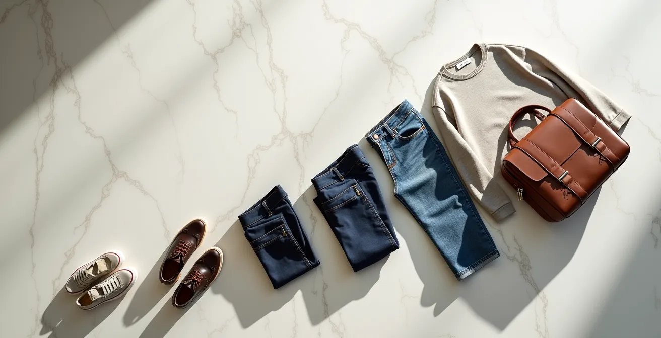 Vier-Schritte-Transformation von leger zu smart-casual, die den Wechsel von einfachen zu hochwertigen Kleidungsstücken zeigt.