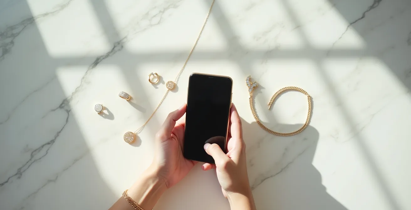 Person analysiert Schmuckwerbung auf Smartphone mit kritischem Blick