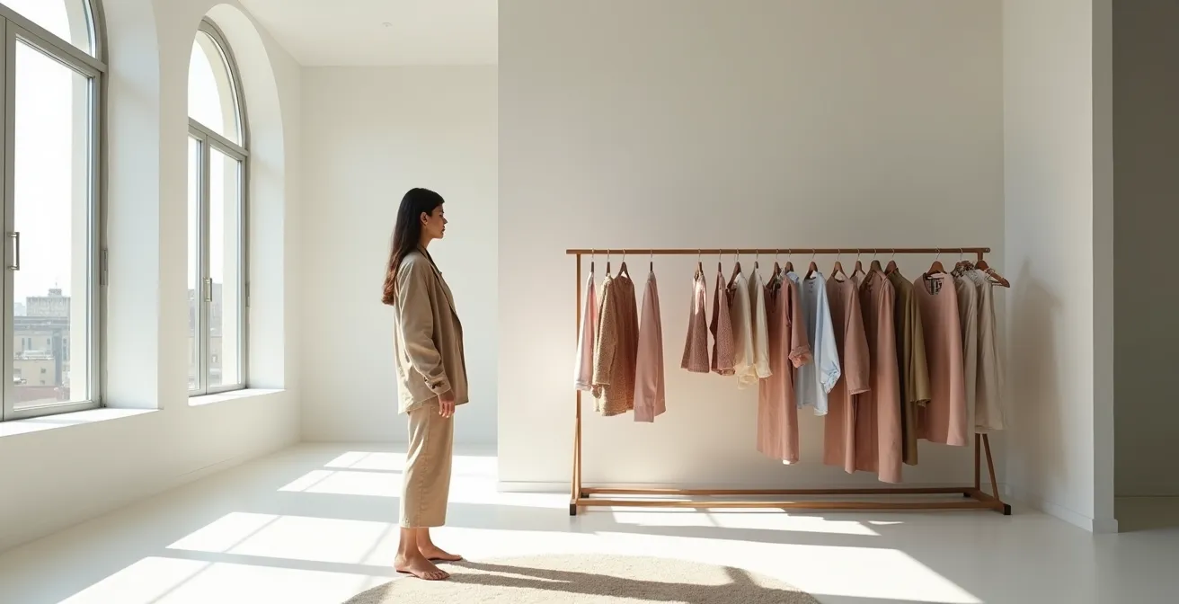 Person betrachtet nachdenklich verschiedene Kleidungsstücke in minimalistischer Umgebung