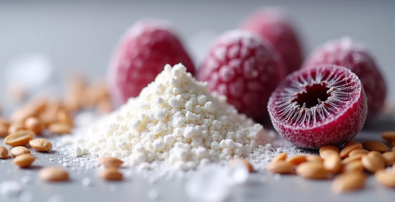 Makroaufnahme von Kollagenpulver und natürlichen Regenerationsstoffen