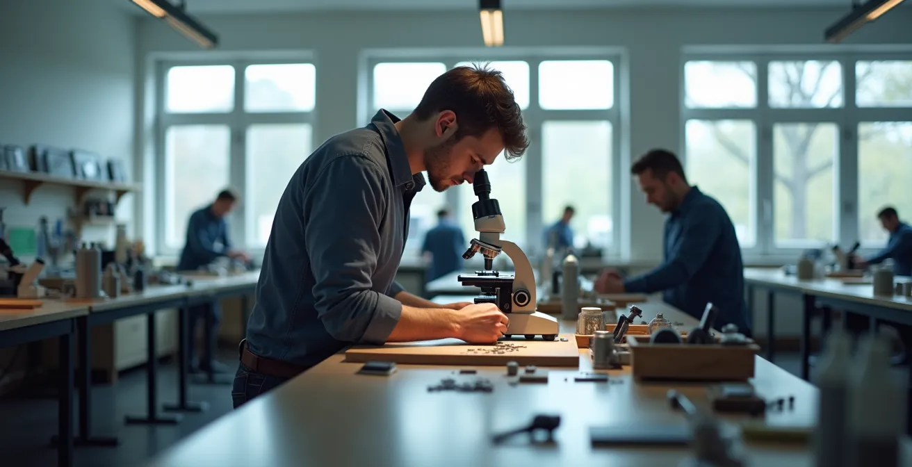 Junger Uhrmacher-Lehrling arbeitet konzentriert mit Mikroskop an winzigen Uhrenteilen in moderner deutscher Ausbildungswerkstatt