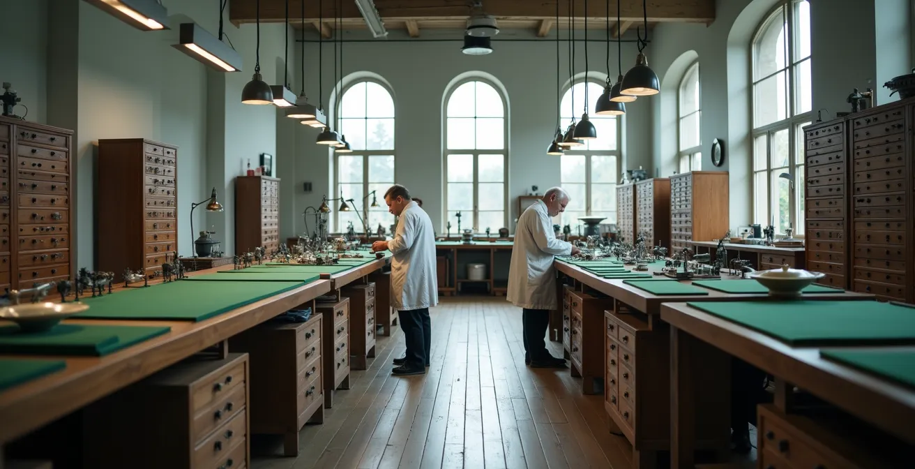 Junger Uhrmacherlehrling und erfahrener Meister arbeiten gemeinsam an einer komplizierten Uhr