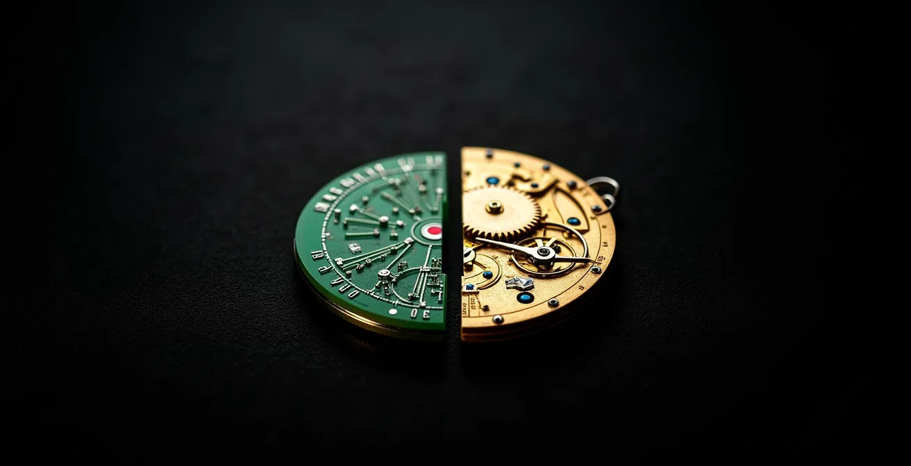 Gegenüberstellung eines einfachen Quarzwerks und eines dekorierten Manufakturwerks