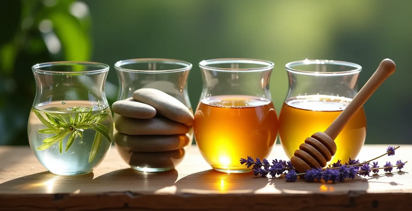 Visuelle Darstellung der vier Säulen des Wellness-Programms: Wasser mit Kräutern, glatte Steine, Honig und Lavendel als Symbole für die vier Bereiche.
