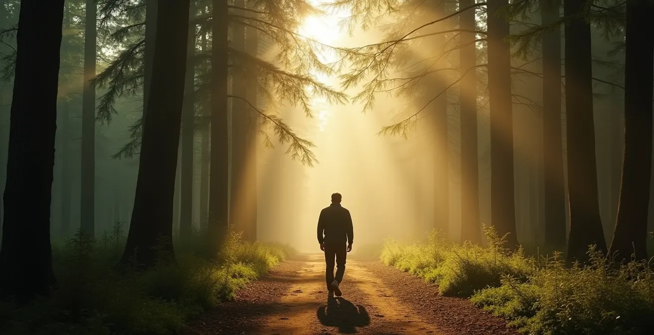Eine Person bei einem meditativen Waldspaziergang, der die stressreduzierende Wirkung der Natur symbolisiert.