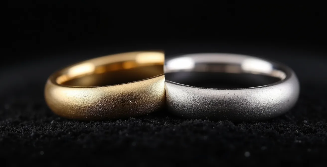 Ein Weißgoldring im direkten Vergleich vor und nach der Rhodinierung, die den Unterschied von einem matten, gelblichen Ton zu einem strahlend weißen Glanz zeigt.